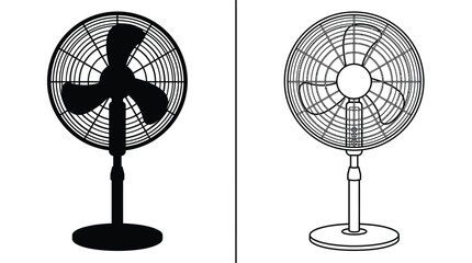 Obraz premium Fan Electric Desk Stand Icon with a Black Silhouette and an Outline Version for Cooling Rooms