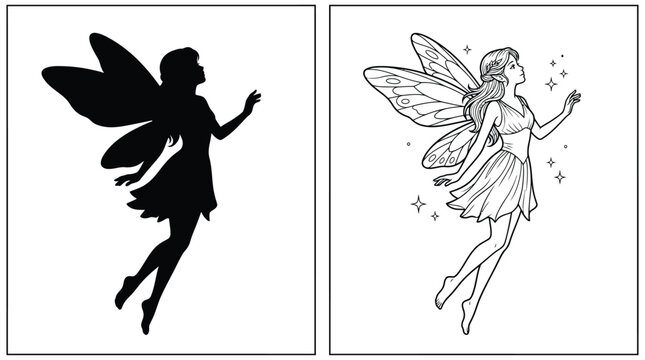 Fairy Silhouette and Detailed Line Art Illustration with Magical Wings and Graceful Pose Flying Upwards