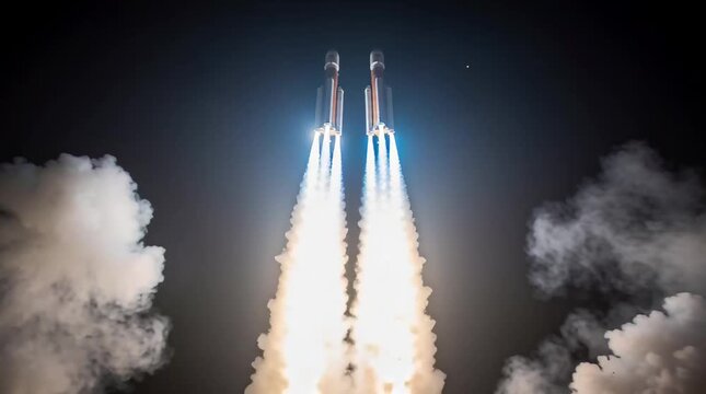 Two rockets launch upward with bright exhaust plumes against dark sky