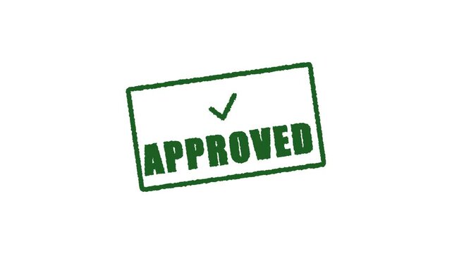 Green approved stamp with checkmark on white background