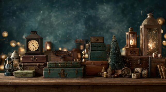 Vintage collection of antique lanterns old books and a clock on a wooden table with soft bokeh lights