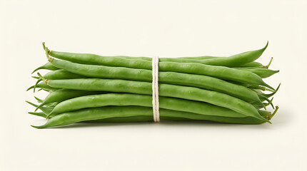 Fototapeta premium A fresh bundle of green beans tied together with string isolated on a plain off-white background