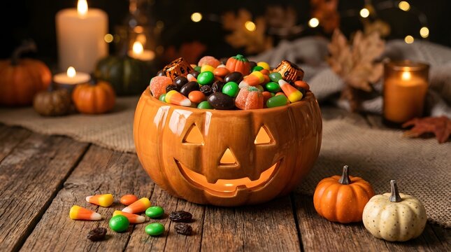 Jackolantern bowl filled with halloween candy on wooden table