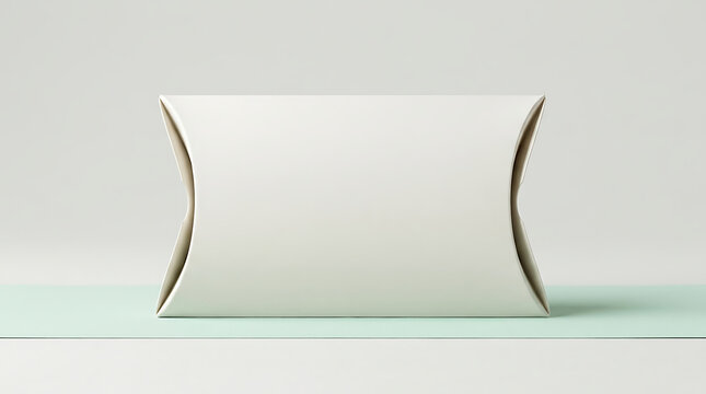 Blank white cardboard pillow box mockup on a light green surface with a soft neutral background