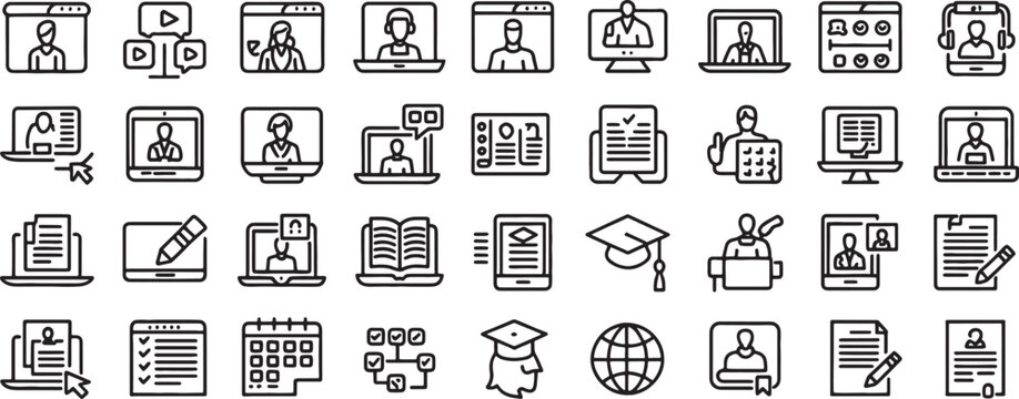 E-Learning Icons Set with Laptops and Screens Showing Teachers, Students, Exams, Reports, and Study Symbols