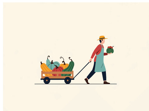 Male Gardener Pulling a Cart Full of Various Pumpkins and Gourds During the Autumn Harvest Season