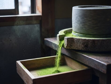 Side-angle close-up of a traditional Japanese granite stone matcha mill (ishi-usu) actively rotating, a thin cascade of vivid electric-green matcha powder.