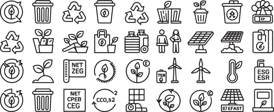 Eco Sustainability Icons Set with Recycling Arrows, Solar Panels, Sprouts, Trash Bins, and Esg Letters for Green Concepts