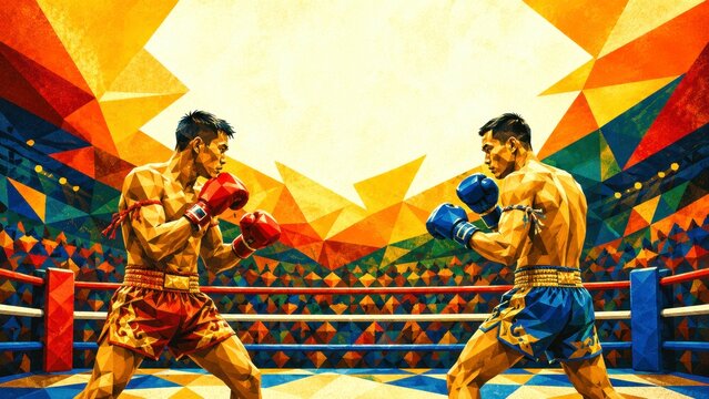 Boxing match two boxer ring glove sport fight athlete competition opponent action red glove blue glove male adult muscular stance guard punch training arena stadium crowd corner rope canvas