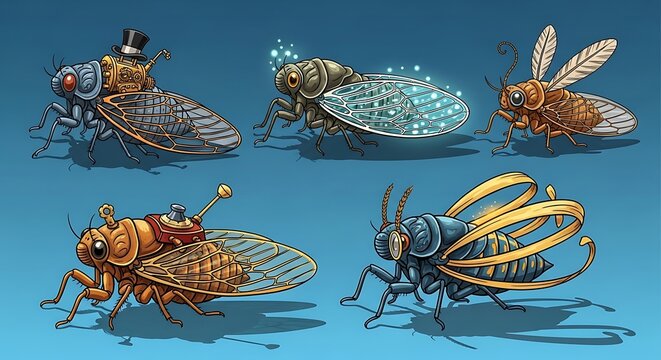Cicadas in various colorful detailed illustrations.