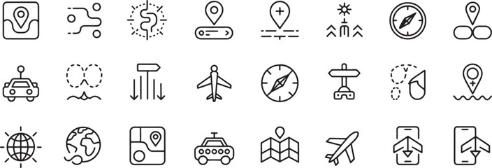 Fototapeta premium Travel Transportation Line Icons Set with Airplane, Map Pin, Compass, Globe, Ship, and Delivery Truck Symbols