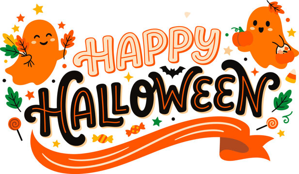 Happy halloween text design with friendly ghosts and flowing orange ribbon halloween typography seasonal