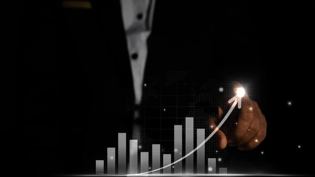 Businessman interacting with holographic bar chart 2028 animation