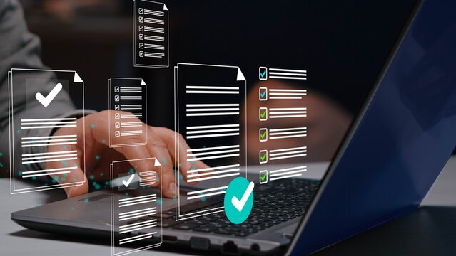 Business performance checklist for form approval concept. Approval and performance tracking, workflow verification, KPI monitoring and business process management.
