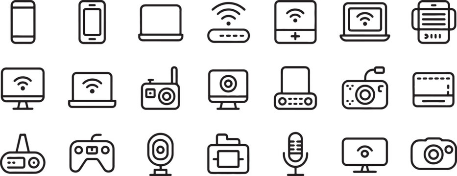 Tablet Phone Monitor Icons Set with Wireless Wifi Signal and Camera Interface Outlines for App Ui Design Elements