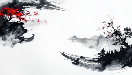 Obraz premium Traditional Japanese sumi ink landscape with red plum blossoms and pine trees