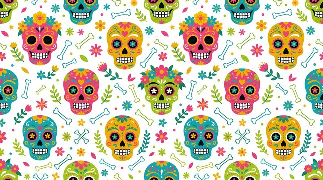 Seamless pattern with colorful sugar skulls and bones