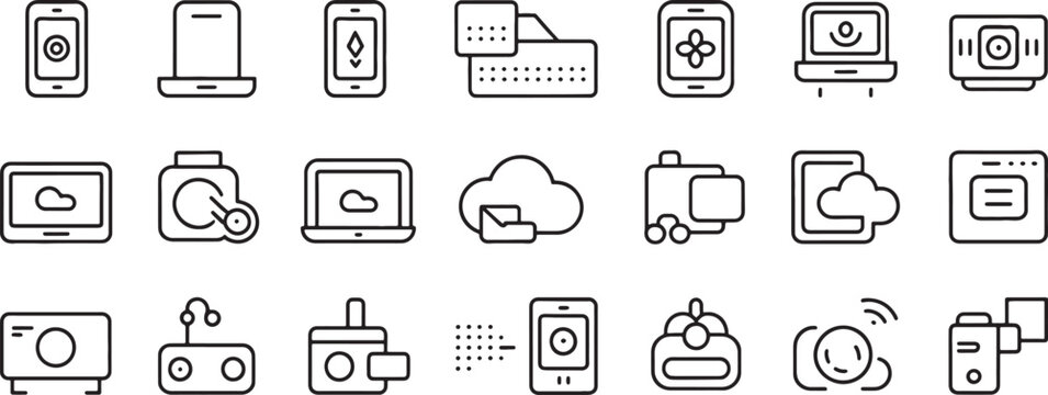 Device Communication Icons Set with Smartphones, Computers, Cloud Storage and Connectivity Symbols for Digital Workflow Design