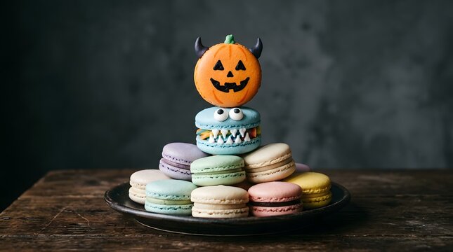 Halloween themed macaron tower with monster and pumpkin decorations