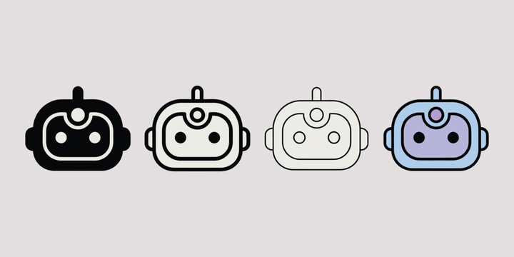 Collection of four robot head featuring solid black, outline, and blue colored styles for technology concepts