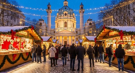 Obraz premium Beautiful Christmas market in front of Karlskirche church in Vienna Austria at twilight.