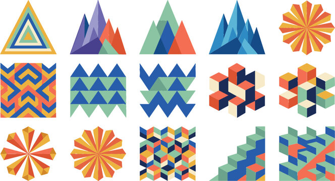 Abstract Geometric Collection with Isometric Cubes, Mountain Shapes, Triangle Patterns, Radial Sunbursts, and Modern Vector Design Elements Set
