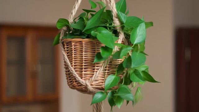 Hanging Basket with Golden Pothos Plant: Indoor Decoration and Home Gardening