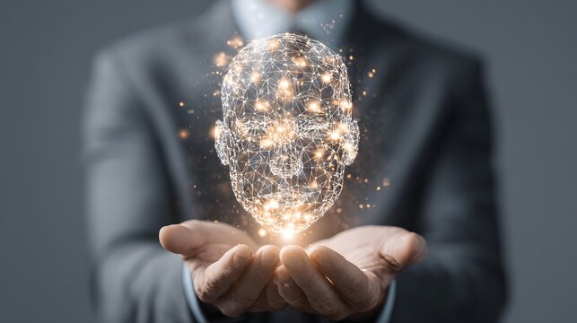 Human hands cupping a glowing wireframe neural face graphic. Ethics in AI development concept.