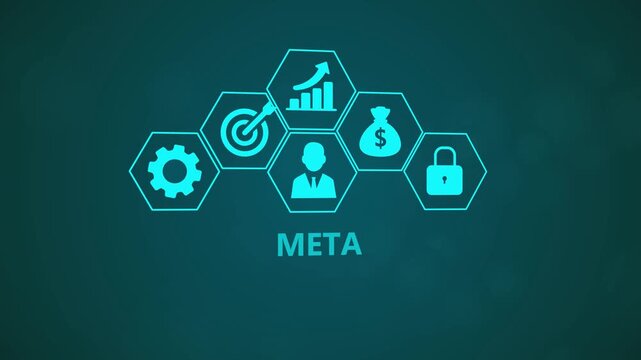 Meta Technology Infographic Animation with Digital Enterprise Icons and Business Intelligence Network on Dark Background 4k animation video
