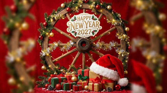 Old vintage wooden wheel decorated for happy new year 2027 celebration.