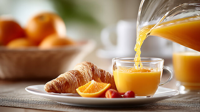Fresh orange juice paired with a flaky croissant, creating a bright vitamin-rich breakfast scene ideal for caf&eacute;s and brunch promotions.