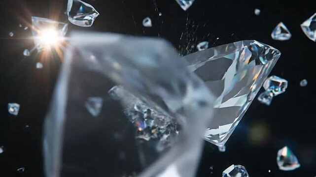 Abstract floating diamonds on black background sparkling gemstones