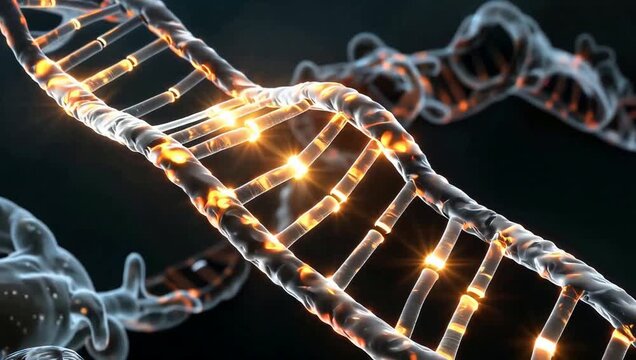 Glowing DNA double helix rotating in dark background for science research