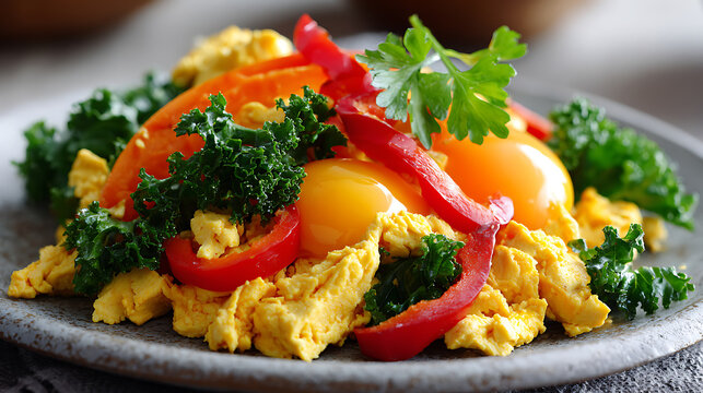 Tofu scramble with kale and peppers, crafted for plant-based breakfast menus, vegan caf&eacute;s, and wholesome healthy eating promotions.