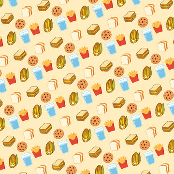 Playful seamless pattern mixing sandwiches, cookies, fries, avocados, and water glasses scattered evenly on a soft cream background.