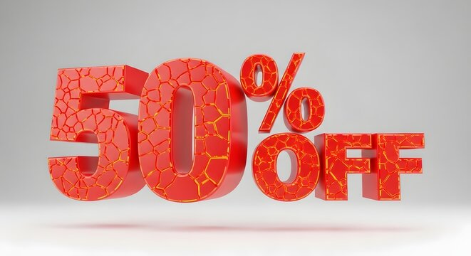 50 percent off sale sign with red cracked texture isolated on white background