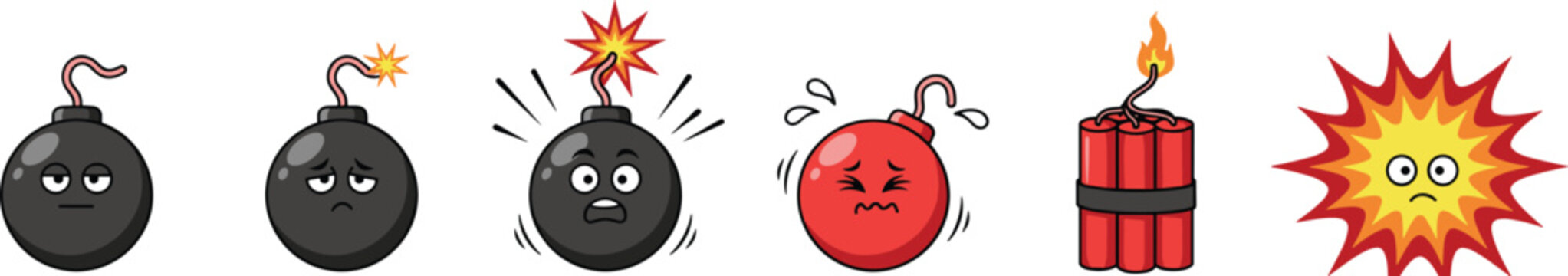 Cartoon Bomb and Dynamite Character Set with Cute Expressive Faces Showing Progression From Lit Fuse to Big Explosive Blast Vector Illustrations