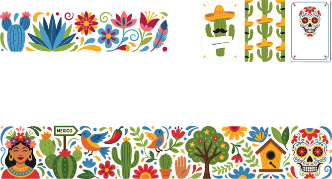 Mexican Folklore Vector Element Set with Sugar Skulls, Cacti, Traditional Flowers, Birds, Chili Peppers, and Frida Inspired Female Character Illustrations