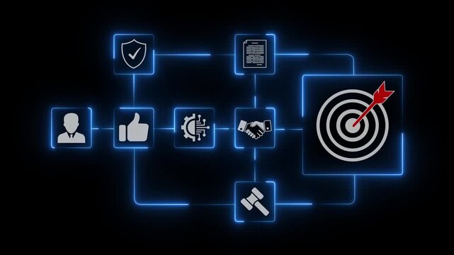 Business person using stylus and laptop with virtual AI workflow process icons showing automation steps data analysis user verification and target objective in modern digital workspace.