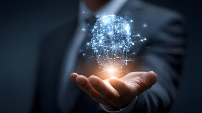 Holographic digital face pattern glowing on businessman hand. AI interface network connection concept.