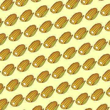 Seamless repeating pattern of corn cobs with green husks arranged neatly on a pale cream background.