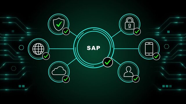 SAP Enterprise Management System with Connected Business Technology Icons in Circular Digital Interface on Futuristic Dark Background