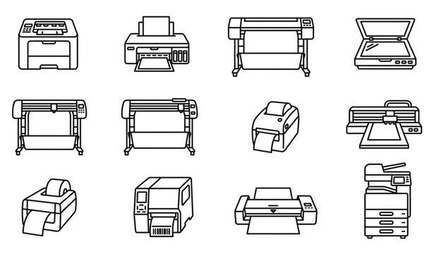 Minimal Print Shop Equipment Line Icons Editable Stroke Vector Set with Printer Plotter Scanner and Cutting Machine Collection