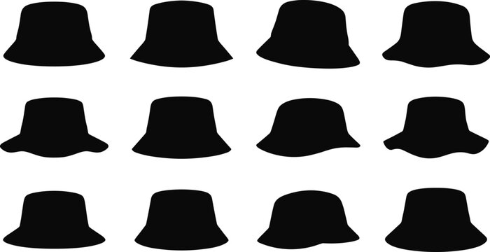 Black bucket hats in different angles on white background headwear silhouettes