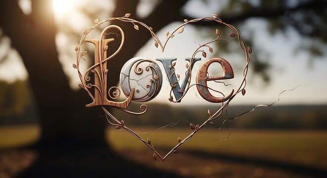 Close up of a rustic wooden heart with love engraving.