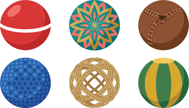 Ball Collection with Sports Balls, Decorative Mandala Sphere, Wicker Rattan Ball, Beach Ball, and Colorful Round Object Vector Set