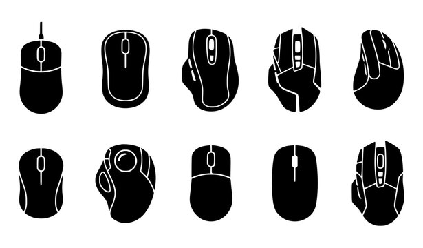 Computer Mouse Silhouette Icon Set Gaming Ergonomic and Office Mouse Vector Collection