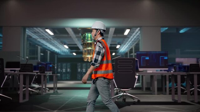 Side View of Asian Male Engineer Walking at Futuristic Quantum Computer Data Center Control Room