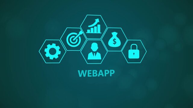 Web Application Infographic Animation with Digital Platform Icons and Enterprise Technology Network on Dark Background 4k visuals