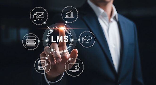 Businessman using smartphone for LMS learning management system online corporate education